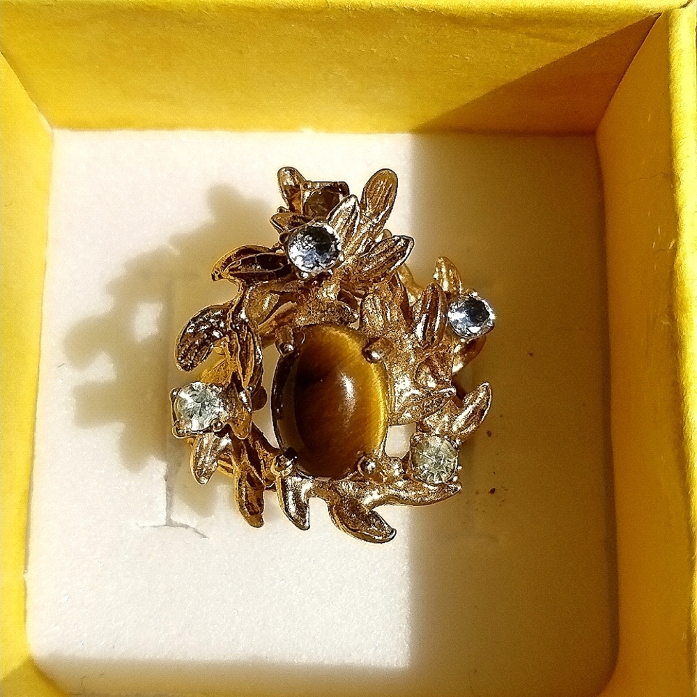 14K HGF Tigers Eye and CZ Vintage Art Deco Ring size 5 Gold Filled And Marked